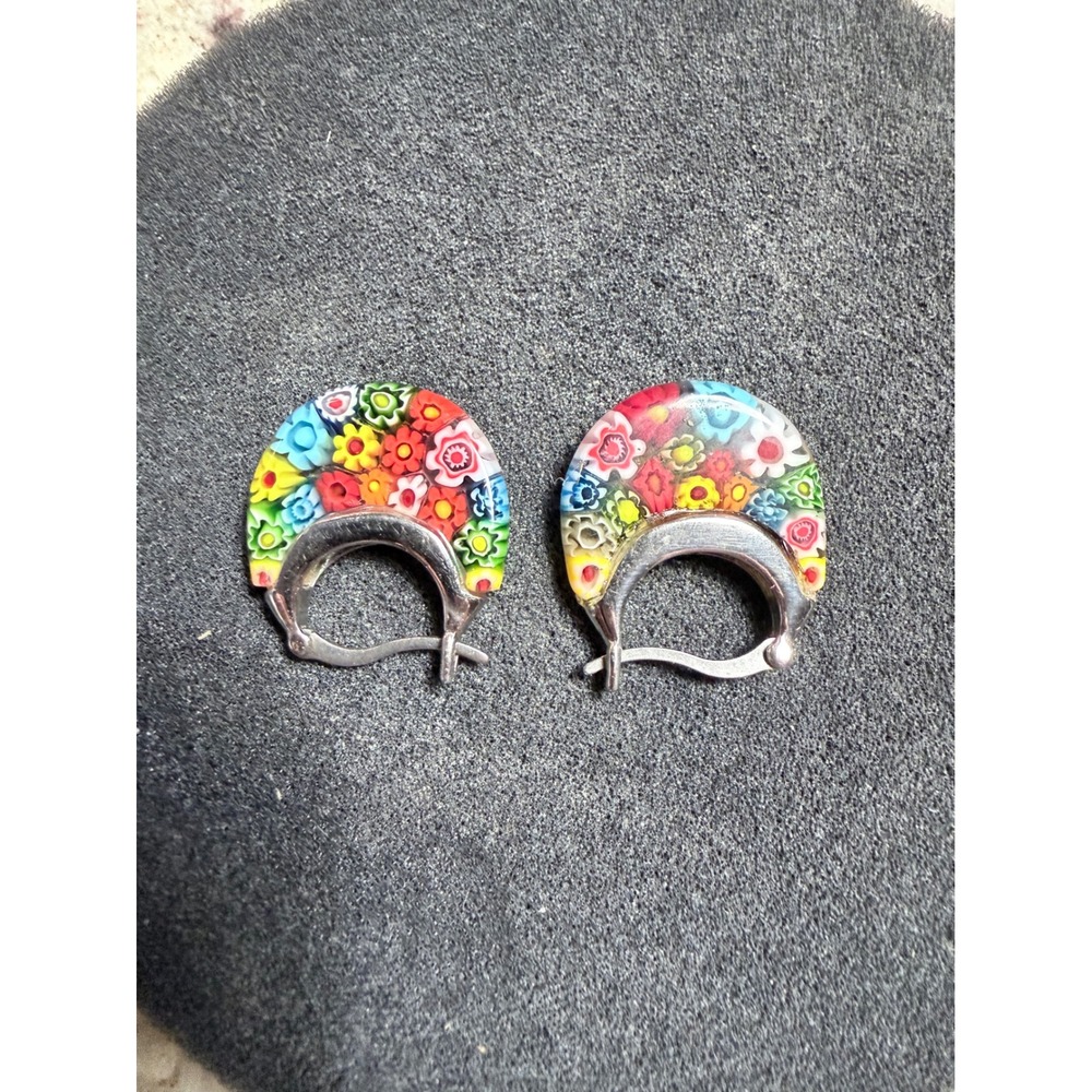 Murano Glass Millefiori Hoop Earrings Colorful Floral Mosaic Silver Tone‎ Boxed